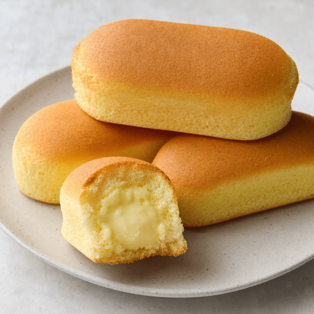 Small, rounded oblong sponge cakes with golden-brown tops and soft yellow interiors, shown with one split open to reveal a pale yellow cream filling.