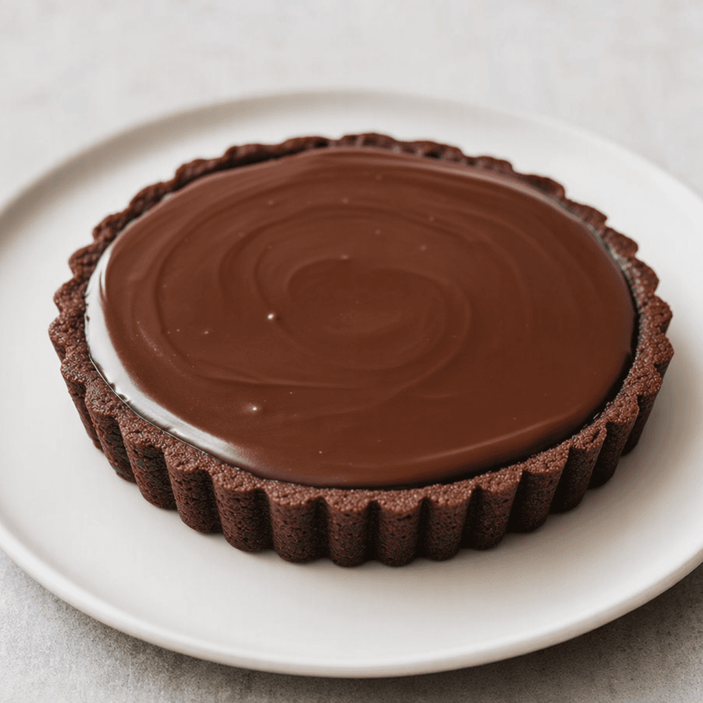 A small, round tart-shaped cake with a dark brown, ridged edge and a glossy chocolate-colored topping, shown on a plain plate.