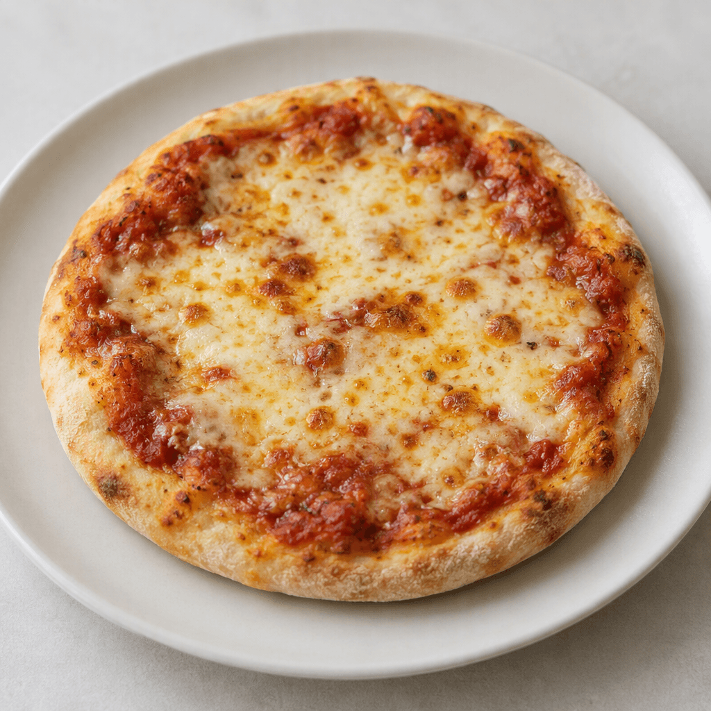 Sade bir tabakta sunulan, kenarları açık altın rengi kızarmış küçük yuvarlak pizzanın üzerinde kırmızı domates sosu ve yer yer kızarmış erimiş açık sarı peynir görülüyor.