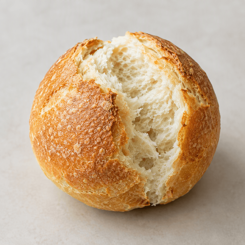 A small, round bread roll with a golden-brown crust, a lightly textured surface, and a soft pale interior visible where it is torn open.