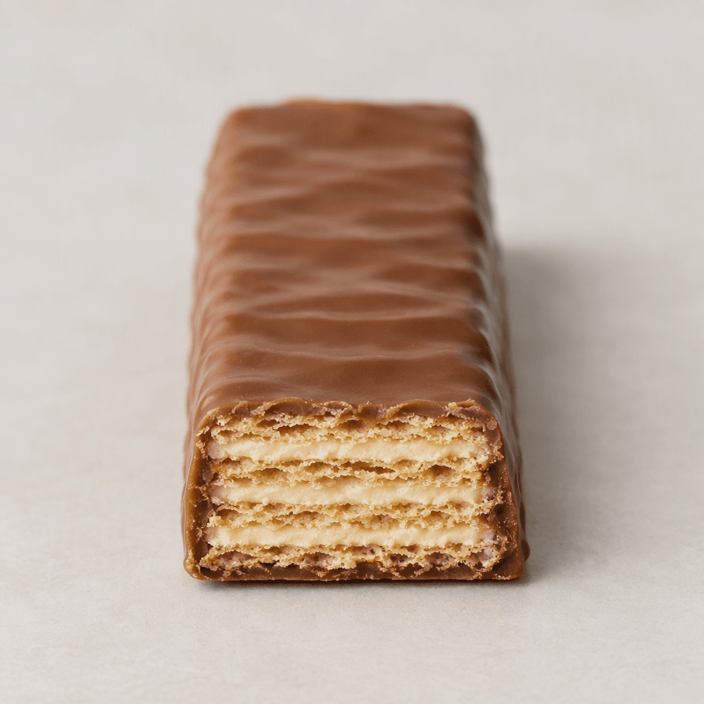 A small, slim rectangular bar coated in smooth milk chocolate, with crisp, thin wafer layers and pale filling visible at its cut edge.