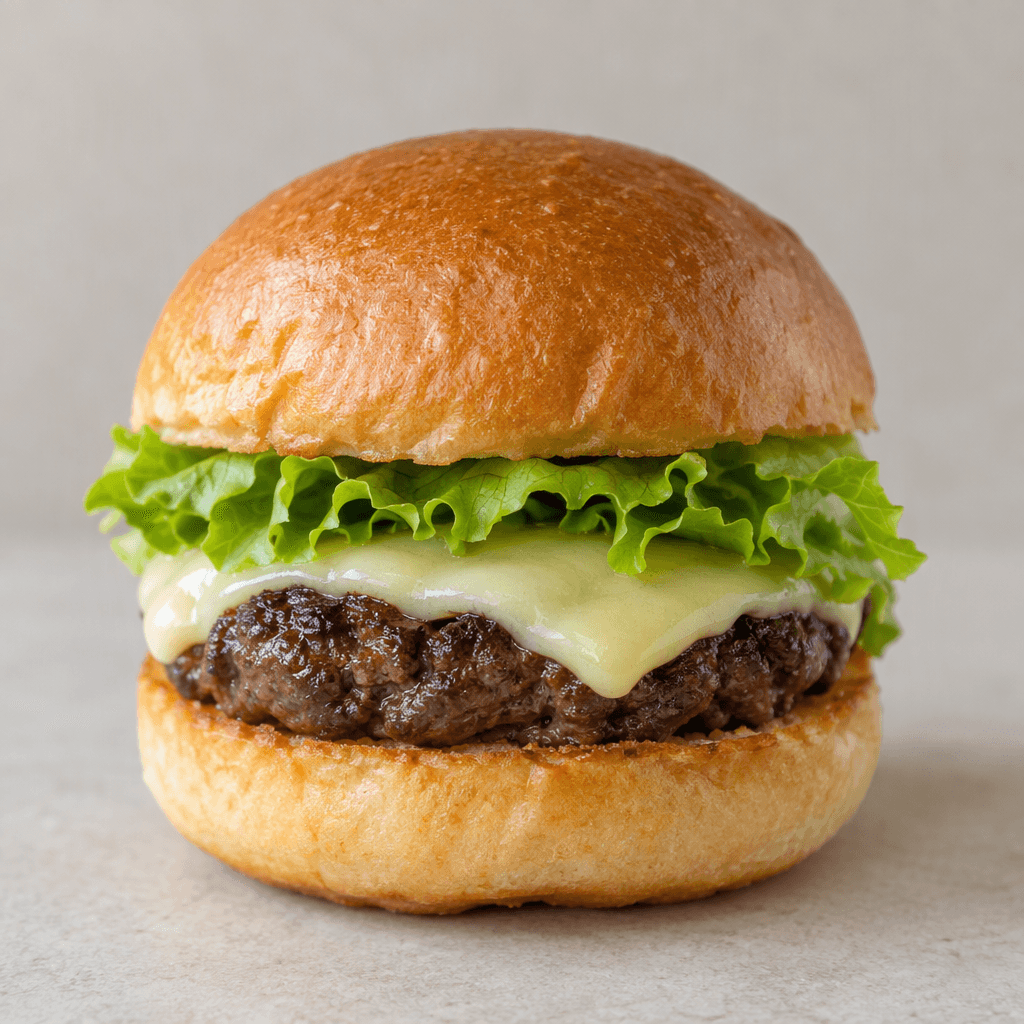 Yumuşakça kızarmış yuvarlak ekmeğin arasında koyu kahverengi küçük bir köfte, açık renkli peynir ve yeşil marul katmanları görünen minik bir hamburger.