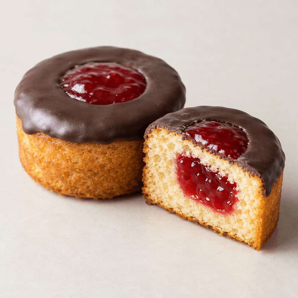 A small round sponge cake with a golden-brown exterior, a glossy red jelly center, and a thin coating of dark chocolate, shown whole beside a cut piece exposing the filling.