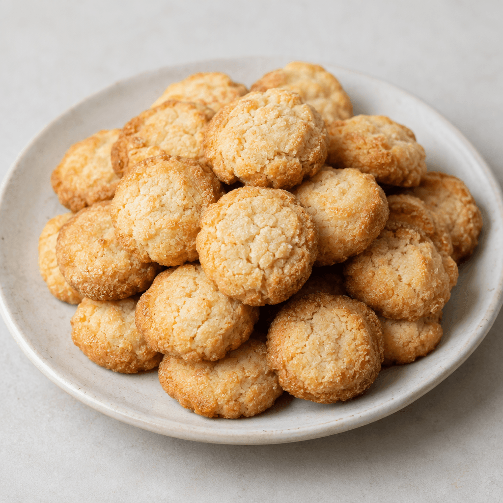 Small, bite-sized round cookies with lightly golden-brown surfaces, slightly crisp-looking edges and soft, crumbly centers, arranged together on a serving plate.