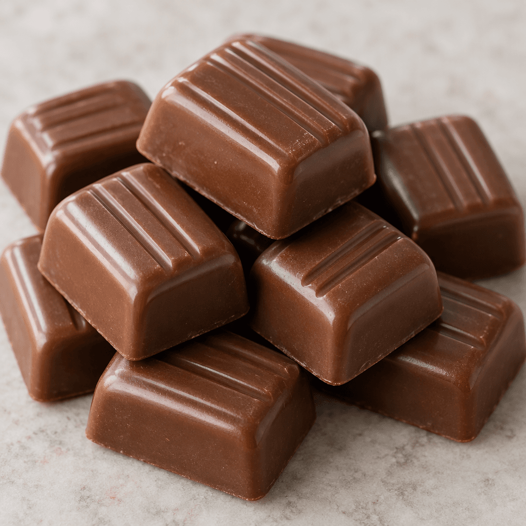 Small, bite-sized rectangular pieces of smooth brown chocolate are arranged together, with softly rounded corners and faint molded ridges.