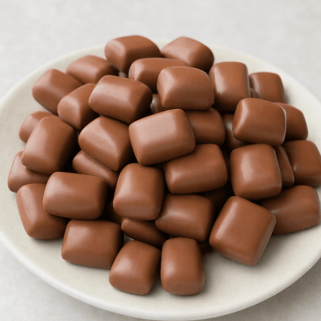 Small, bite-sized pieces of smooth milk-brown chocolate, molded into compact rounded rectangles and served together on a plate.