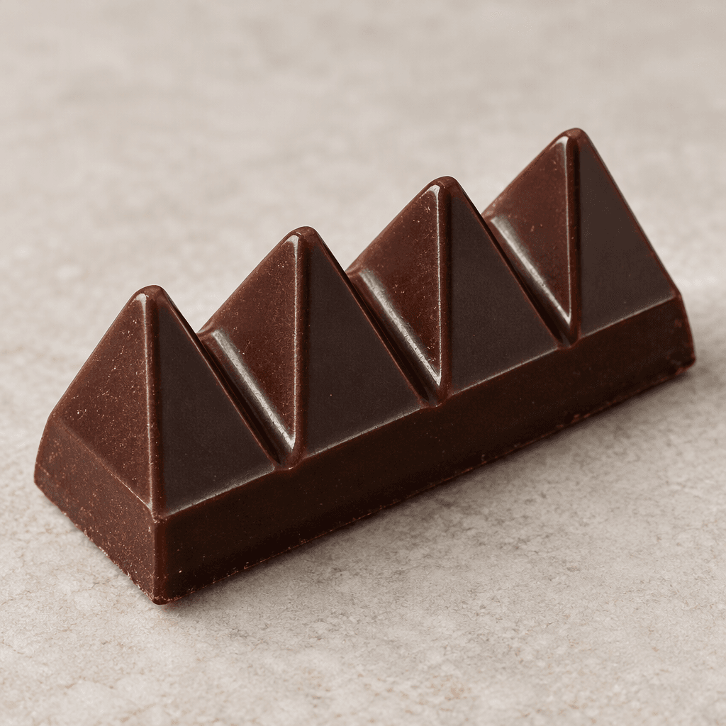 A small, dark-brown chocolate bar made of connected pointed, triangular pieces, with a smooth, slightly glossy surface.