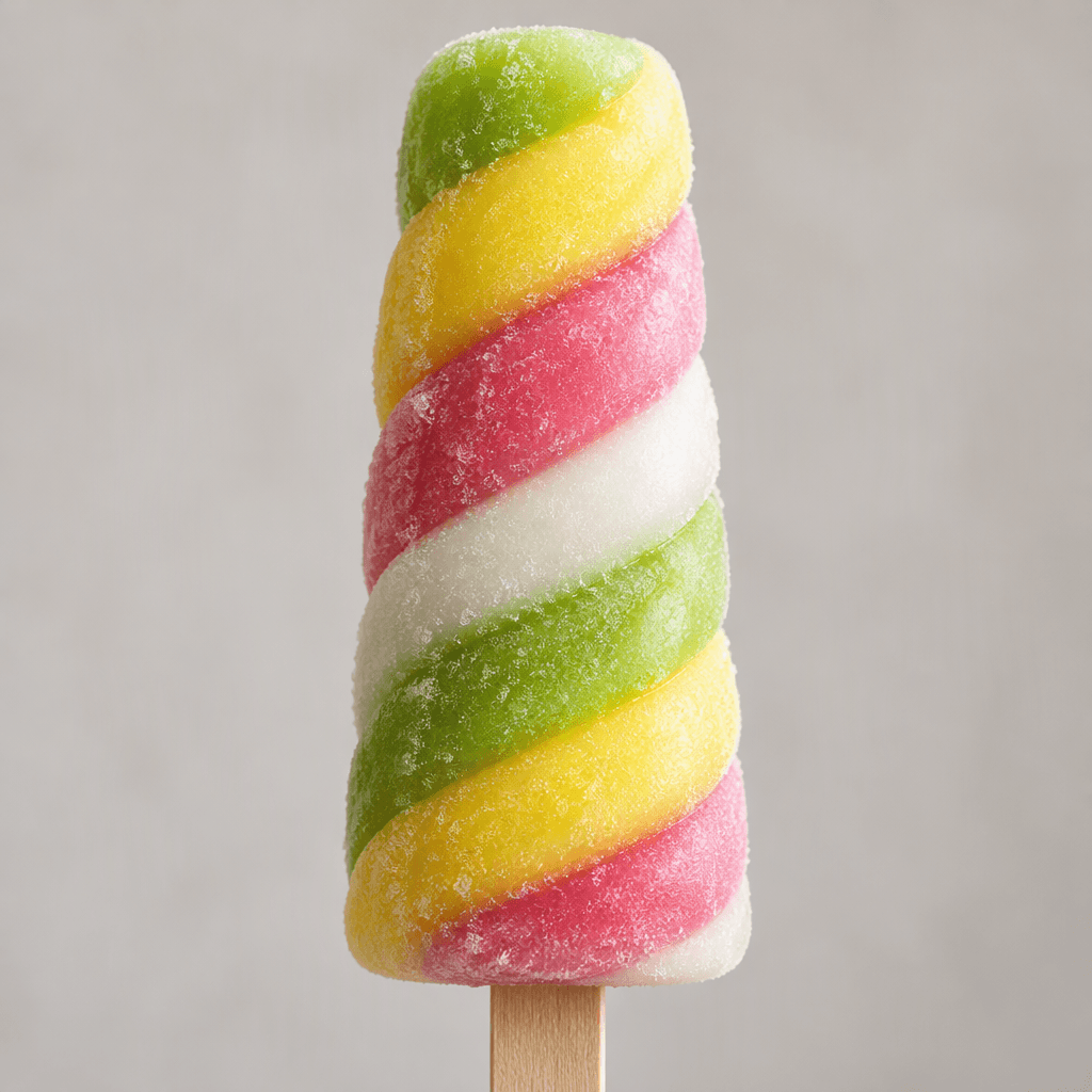A small, tapered frozen treat on a wooden stick, with spiraling bands of bright green, yellow, pink and white and a smooth, icy surface.