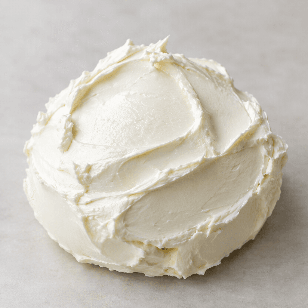 A smooth, dense, ivory-white cream cheese sits in a soft rounded mound, with gentle spatula ridges and a slightly glossy surface.