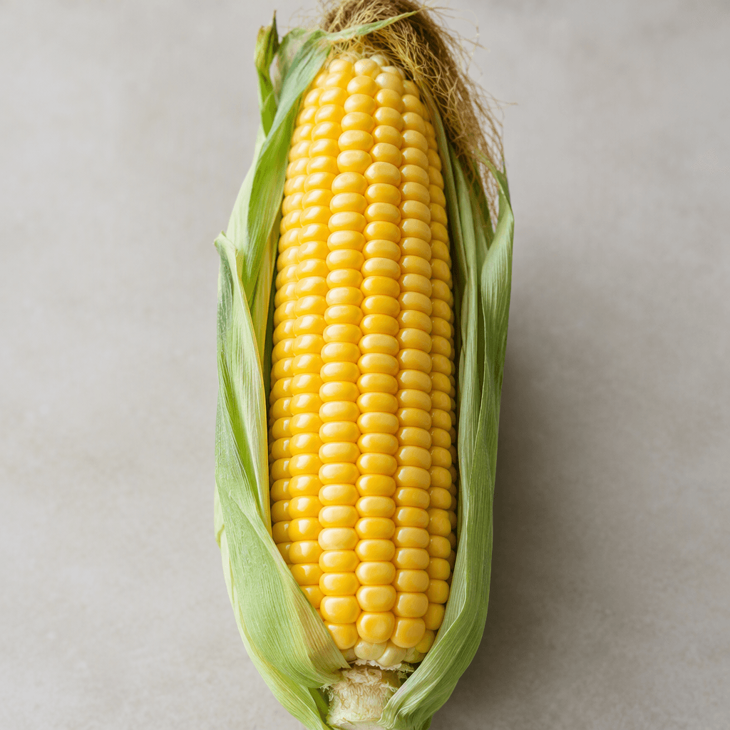 A fresh ear of corn is a thick, elongated cylinder densely covered in orderly rows of plump, glossy golden-yellow kernels, with pale green husk leaves and fine brown silk visible at one end.