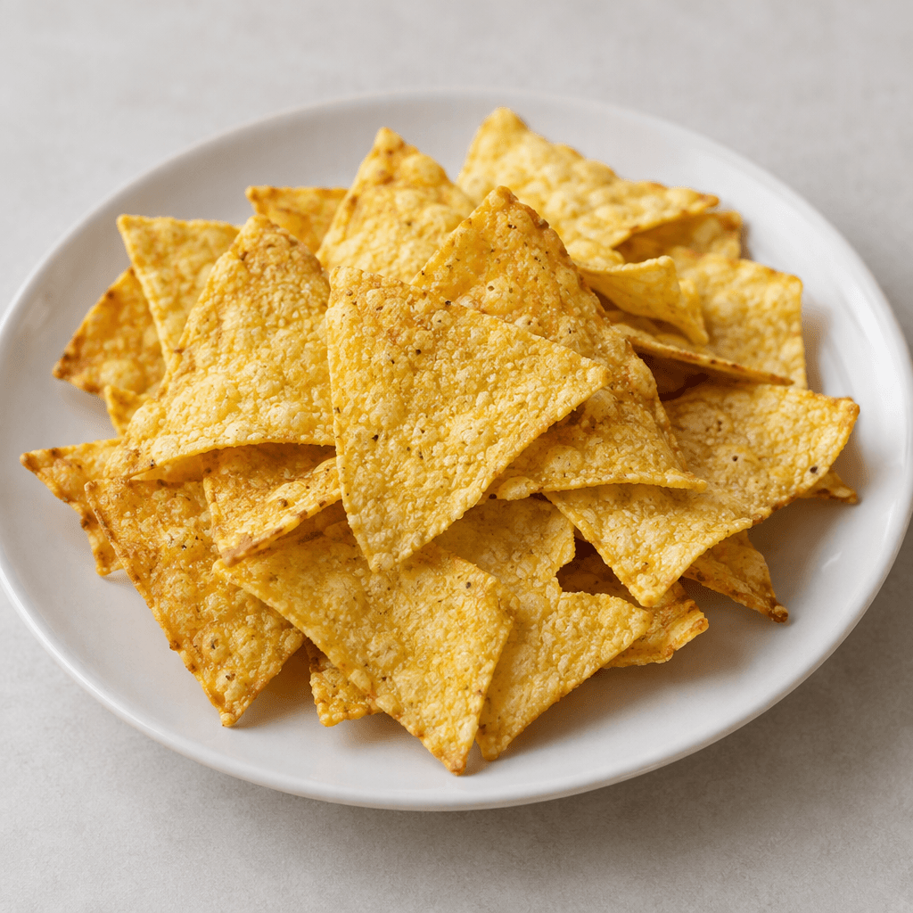A small pile of thin, golden-yellow corn chips with irregular triangular shapes, crisp bubbled surfaces, and lightly browned edges, served on a plain plate.