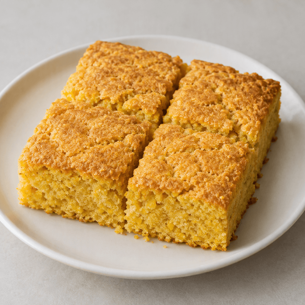 A golden-yellow, thick rectangular slab of crumbly cornmeal bread with a slightly rough, cracked top and visible coarse grains, cut into square pieces and served on a plain plate.