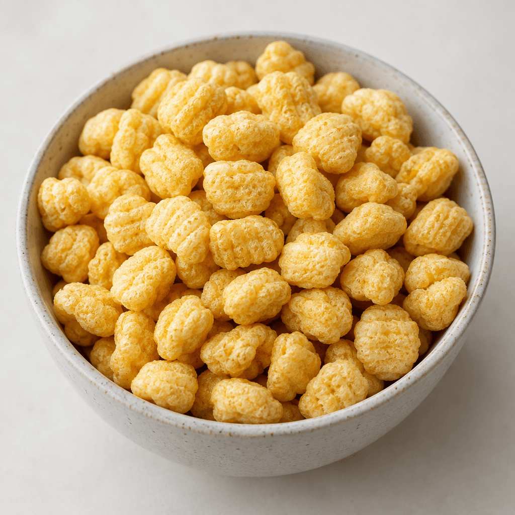 Small, irregularly rounded puffed corn cereal pieces with a lightly ridged surface and warm golden-yellow colour, piled in a bowl.
