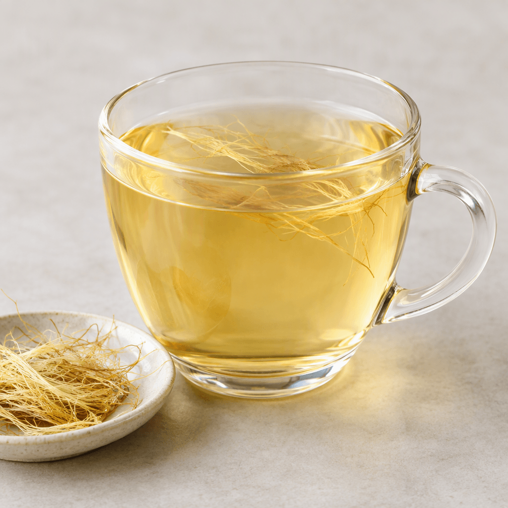 A clear glass cup holds a pale golden, translucent tea, with a few fine straw-colored corn-silk strands visible near the surface and on a small saucer beside it.