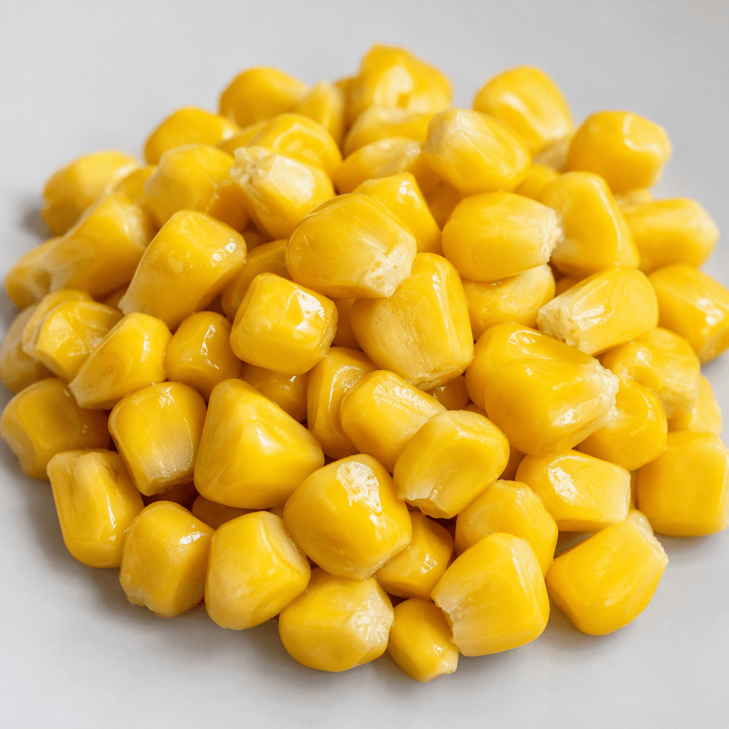 Loose, plump corn kernels in vivid yellow, with smooth slightly glossy surfaces and rounded, irregularly squared shapes.