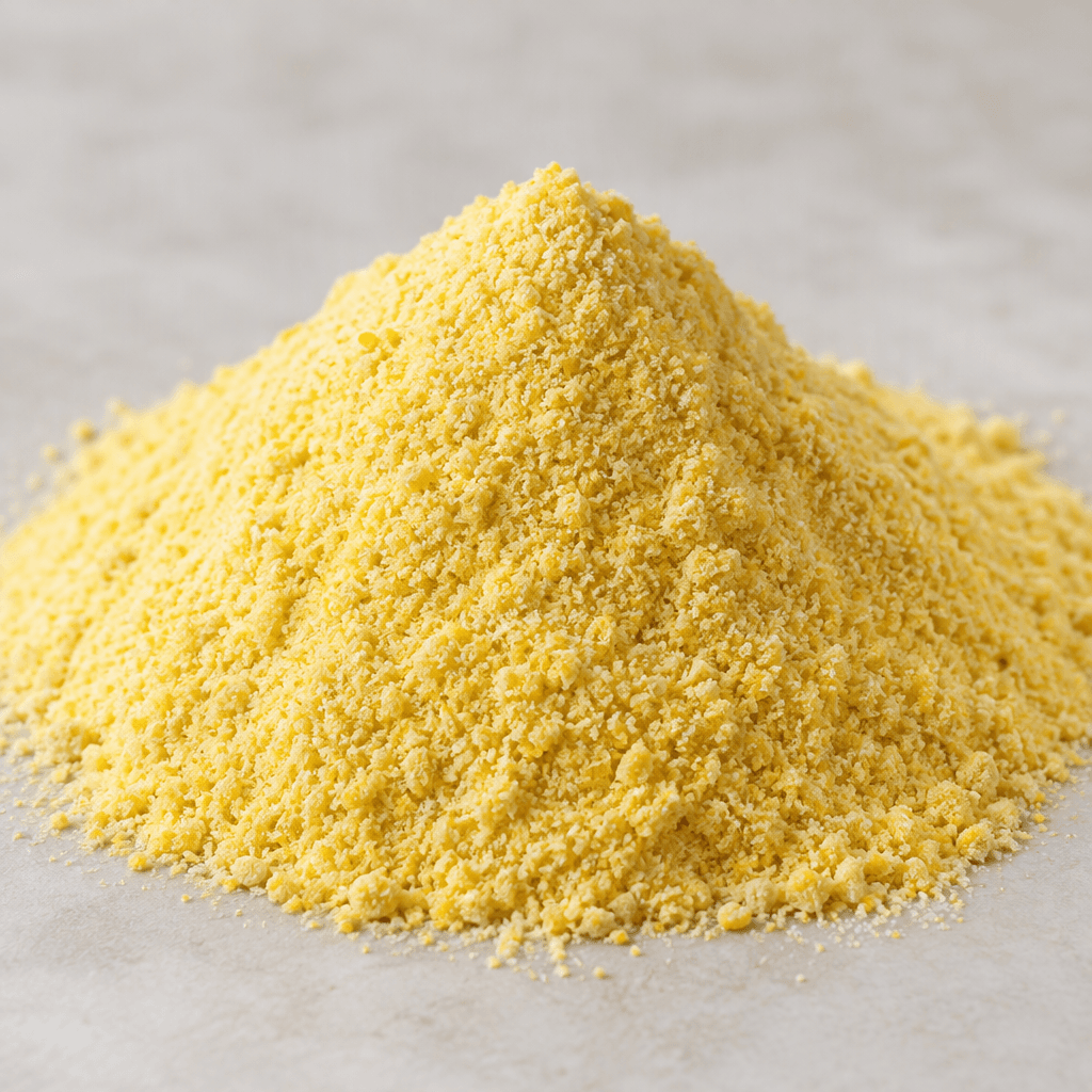 A loose mound of finely ground corn flour, bright pale yellow with a soft, powdery texture and tiny uneven particles visible across the surface.