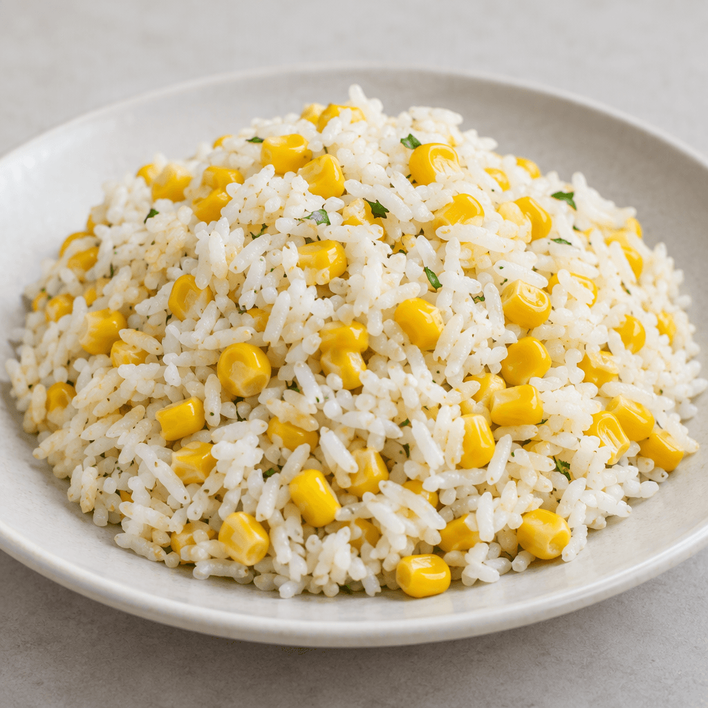 Fluffy white rice mixed with bright yellow corn kernels is served as a loose, gently mounded pilaf on a plate, with the separate grains and plump kernels clearly visible.