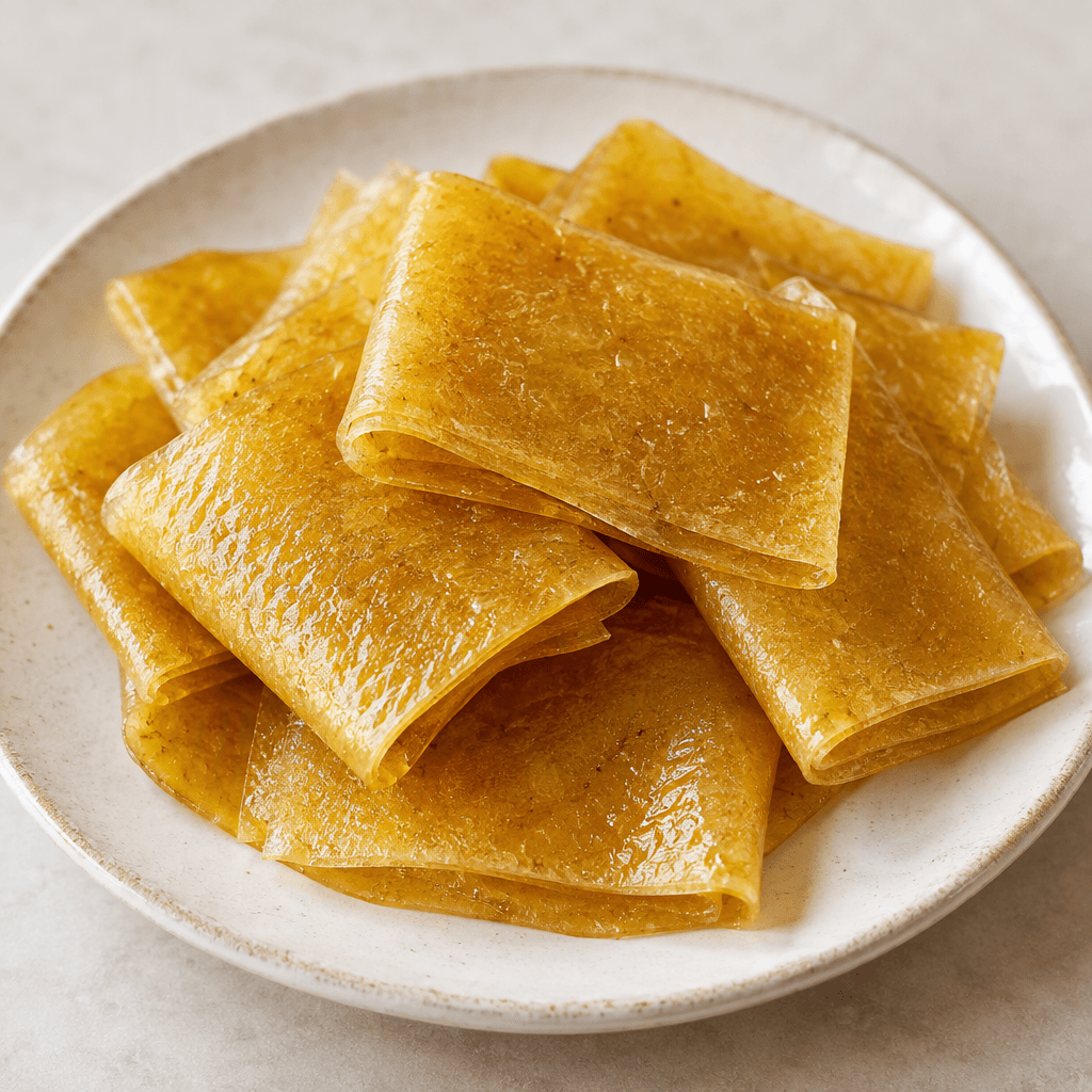 Thin, flexible golden-yellow fruit sheets with a slightly glossy, smooth surface are folded into small rectangles and arranged on a plate.