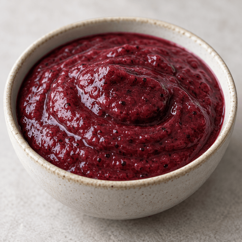 A thick, glossy purple-red fruit purée with tiny dark specks, spooned into a small bowl.