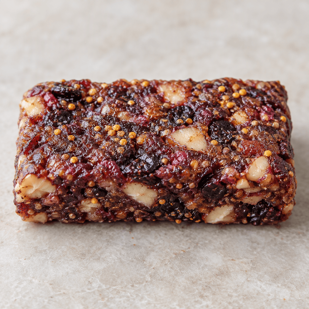 A compact rectangular fruit bar with a slightly uneven, chewy-looking surface, mottled deep purple and reddish-brown with visible pale fruit pieces and tiny golden pollen-like specks.