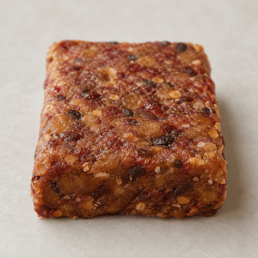 A small, compact rectangular fruit bar with a matte, slightly sticky-looking surface in muted red and golden-brown tones, dotted with tiny darker fruit flecks and uneven along the edges.