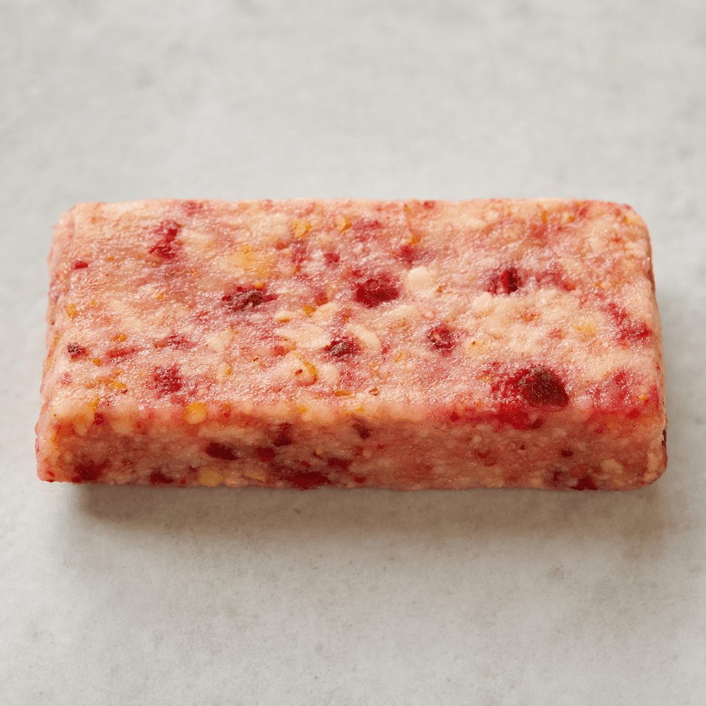 A small, rectangular fruit bar with a compact, slightly chewy-looking surface mottled pink-red and pale cream, with tiny visible fruit flecks.