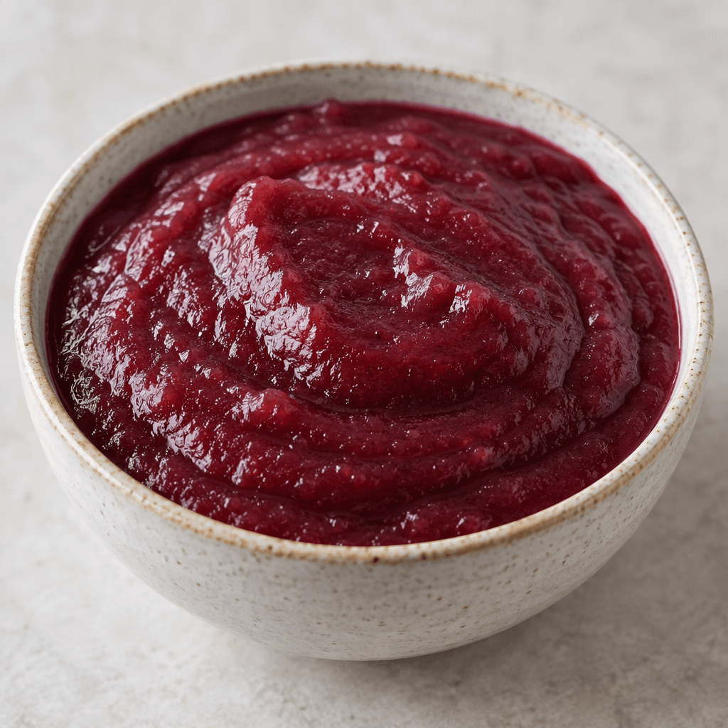 A thick, smooth plum-and-apple purée with a deep reddish-purple colour, served in a small bowl.