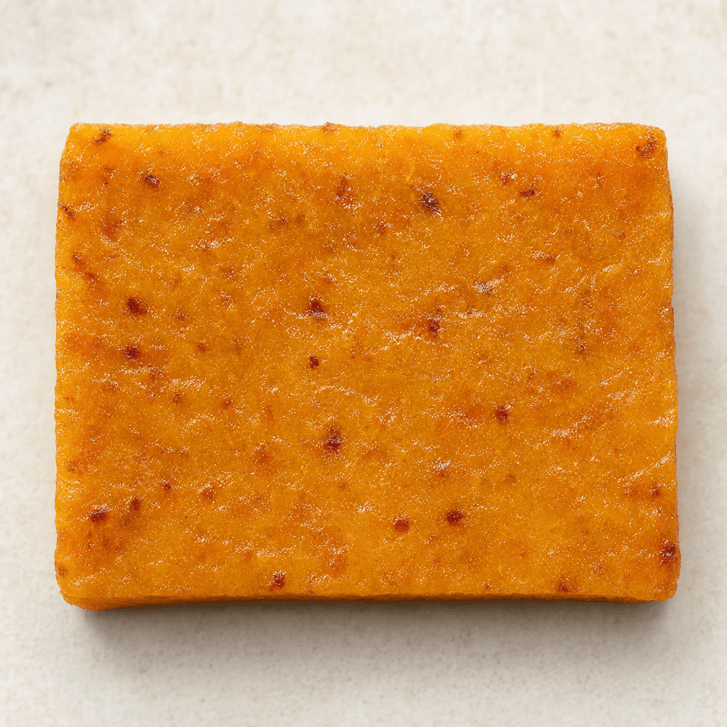 A small, flat rectangular fruit bar with a golden-orange colour, a slightly glossy, chewy-looking surface and tiny darker fruit flecks, shown on its own.