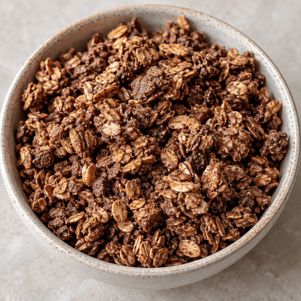 Bir kâsede, açık kahverengiden koyu kakao rengine uzanan yulaf ezmesi parçaları ve düzensiz granola kümeleri, aralarına serpişmiş ince kırıntılarla birlikte görülüyor.