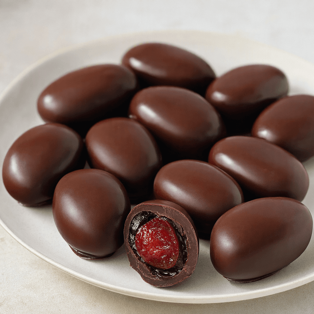Glossy, deep-brown oval chocolates with softly rounded edges are arranged on a plate, with one cut open to reveal a bright red cherry in the dark center.