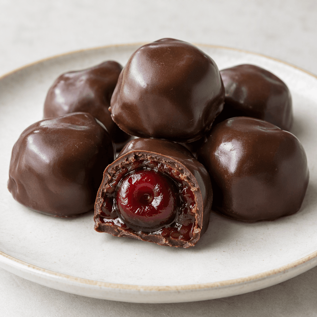 Small, glossy, dark-brown chocolate pieces with softly rounded edges are arranged on a plate, with one cut open to reveal a whole deep-red cherry in a glistening reddish-brown filling.
