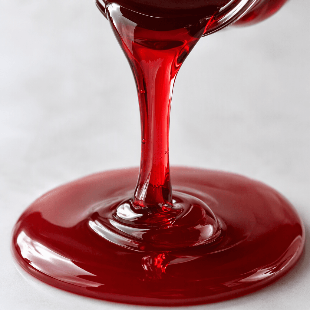 A glossy, translucent deep ruby-red syrup flows in a smooth, thick stream and gathers in a small reflective pool.