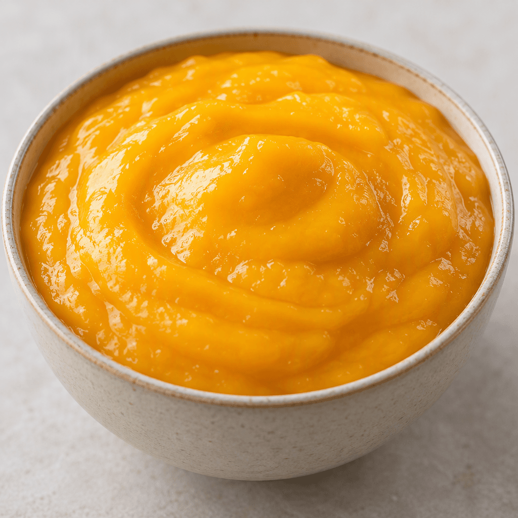 Yüzeyi parlak, kıvamı yoğun ve pürüzsüz, canlı altın sarısı ile turuncu arasında renkte mango püresi.
