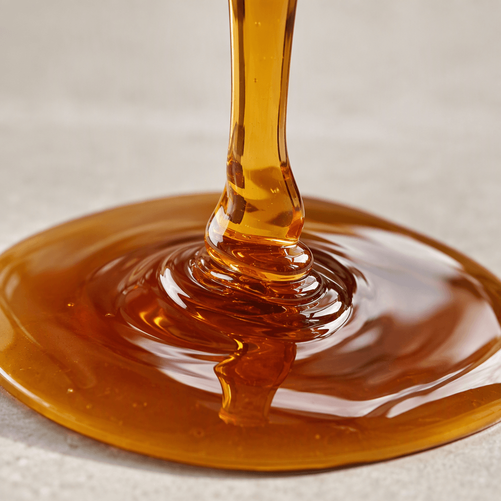 A glossy, translucent amber-brown syrup with a smooth, thick consistency, flowing in a slow ribbon and pooling beneath it.