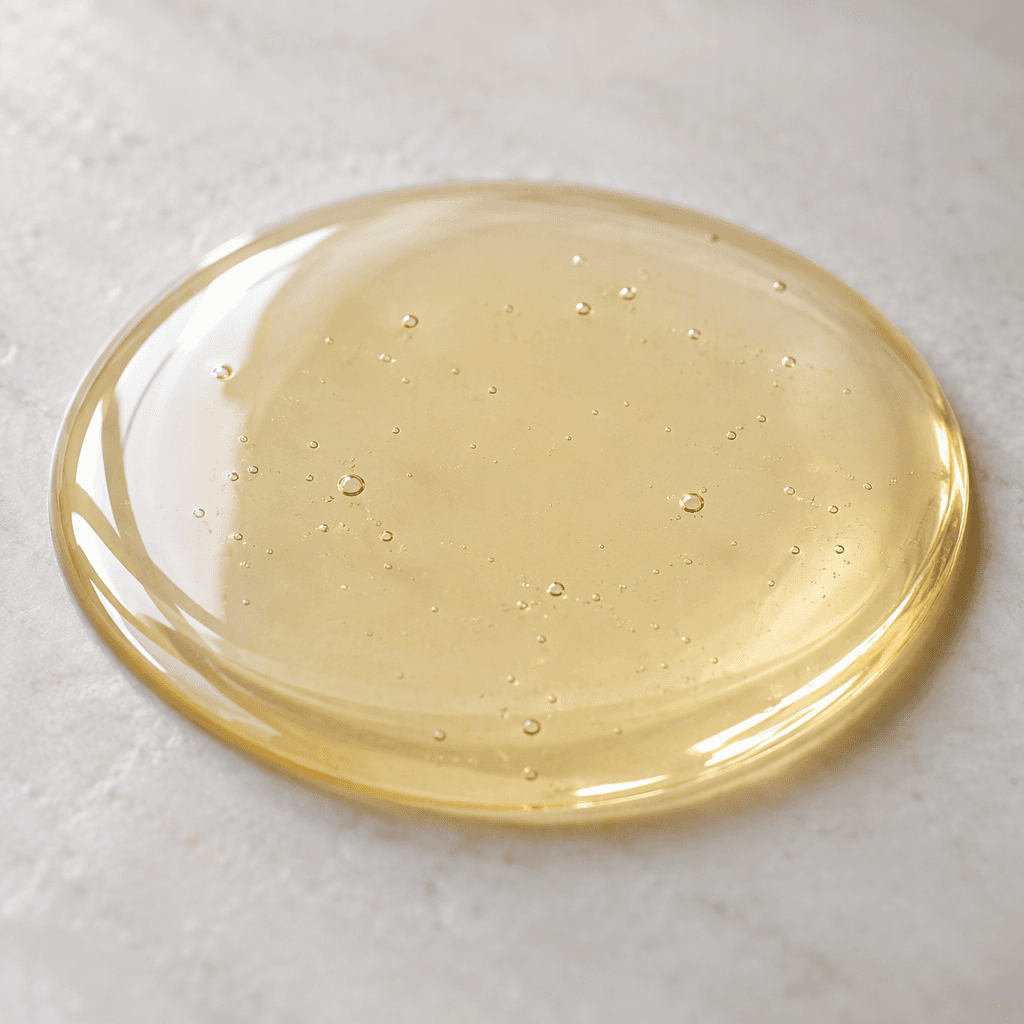 A small pool of clear, very pale straw-colored syrup with a smooth, glossy surface.