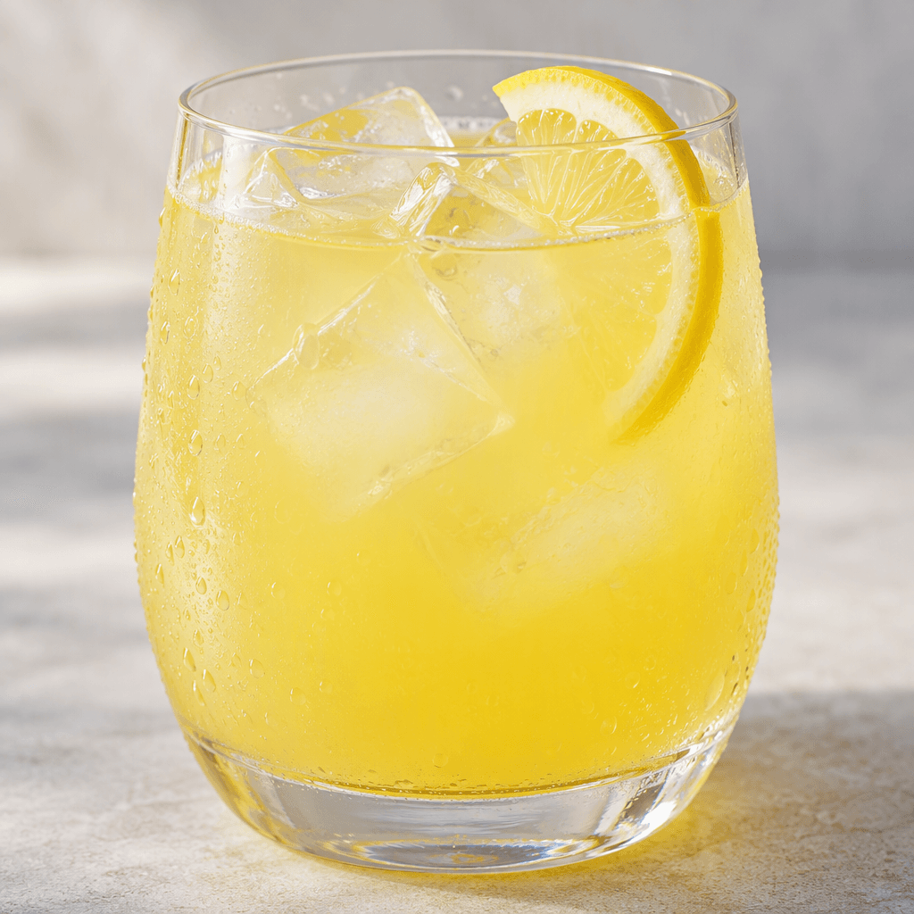 A cloudy, bright lemon-yellow drink sits in a clear glass, with ice cubes visible beneath its surface.