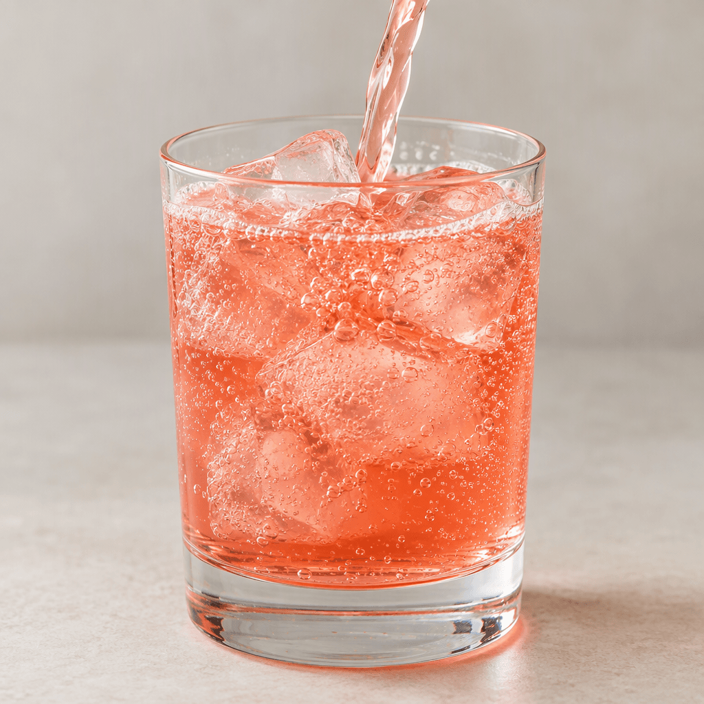 A translucent coral-pink drink with fine bubbles is poured over ice in a clear glass.