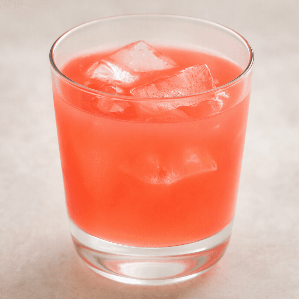 A clear glass filled with translucent, vivid coral-pink liquid, with a few ice cubes catching the light.