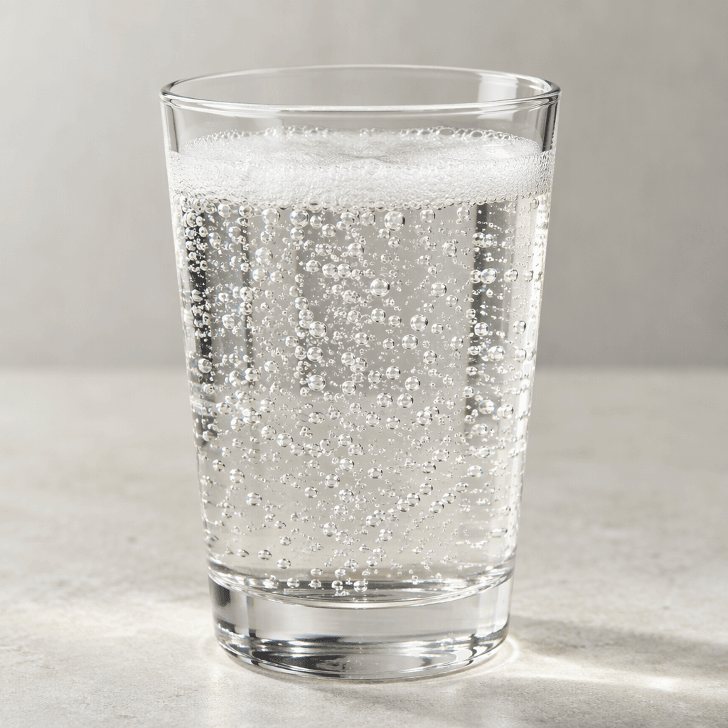 A clear, nearly colorless carbonated drink sits in a transparent glass, with fine bubbles rising through it and a light foamy layer at the surface.