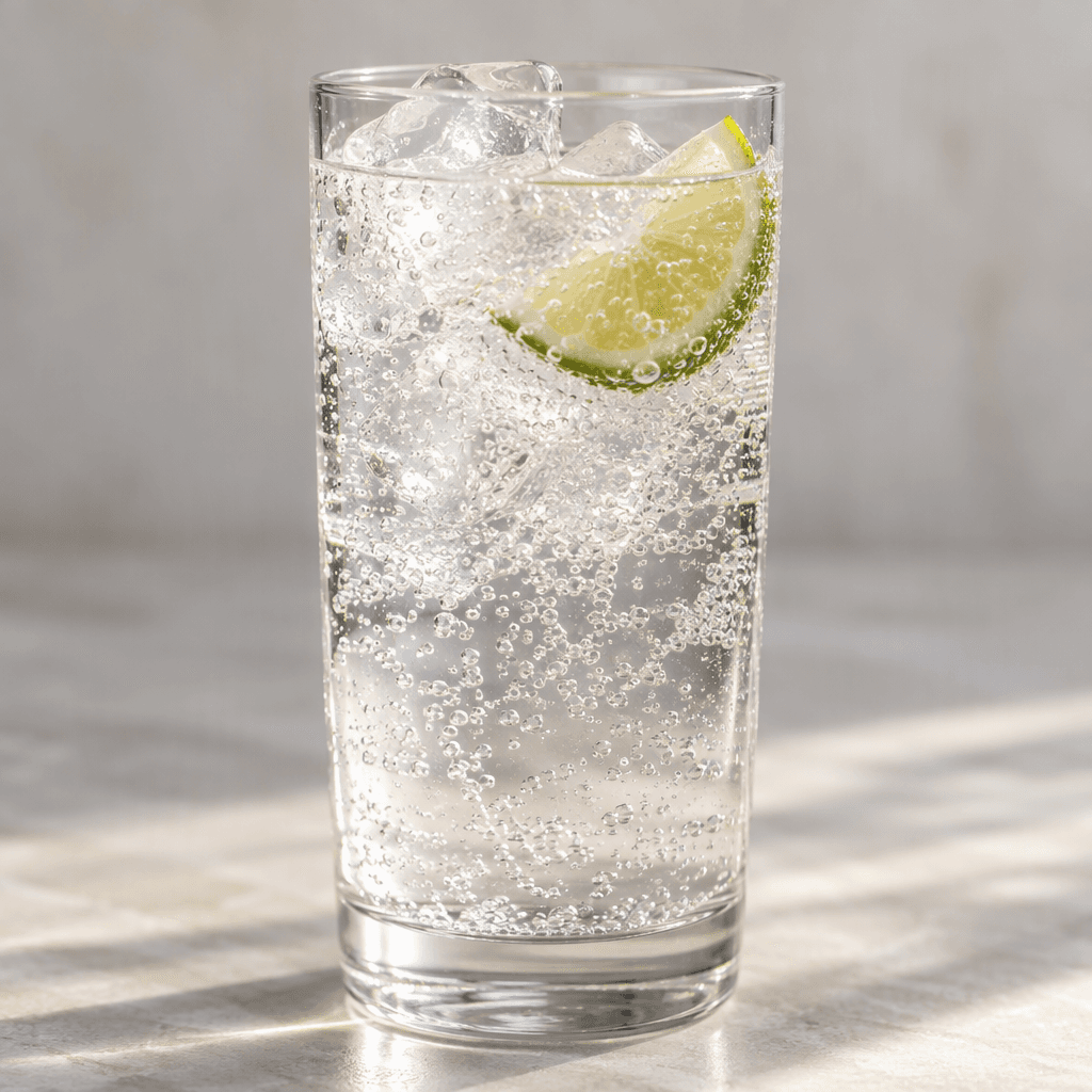 A clear, colorless fizzy drink sits in a tall glass, with fine bubbles rising through it.