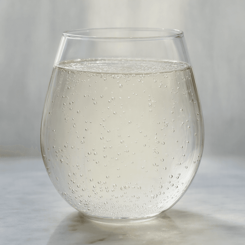A pale, nearly clear carbonated drink with fine bubbles rising through the liquid, served in a glass.