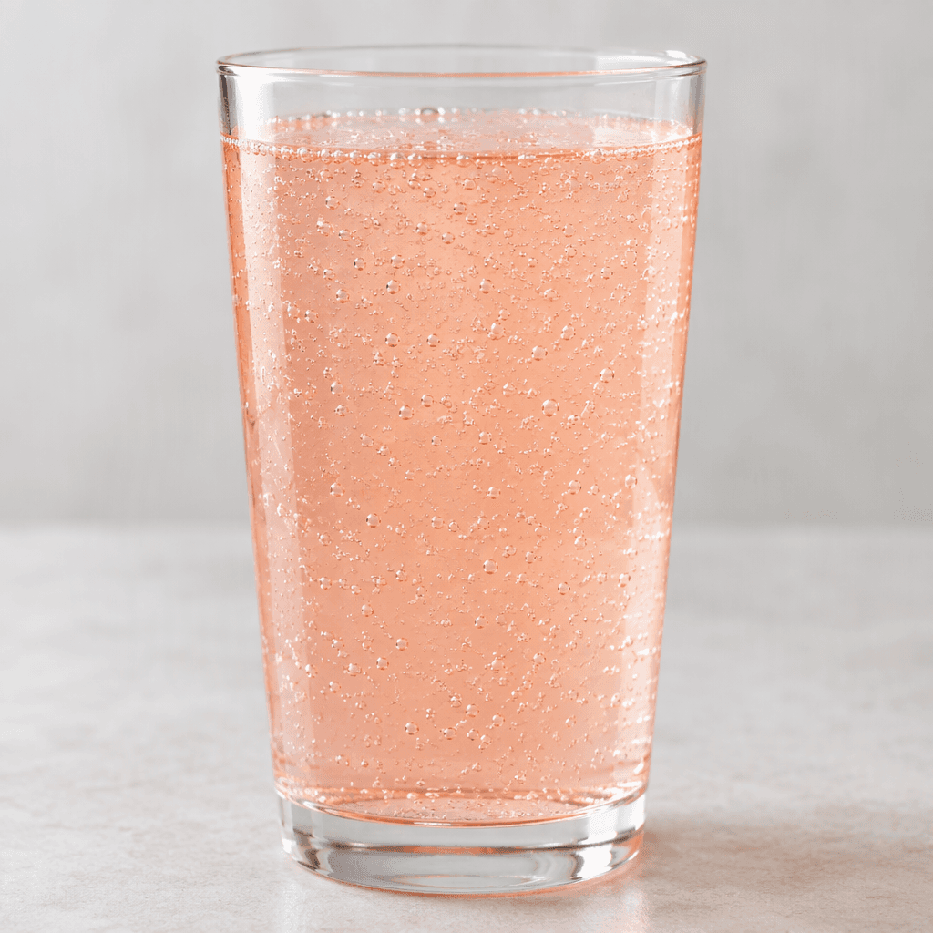 A pale peach-pink, clear carbonated drink sits in a glass, with fine bubbles rising through the liquid.