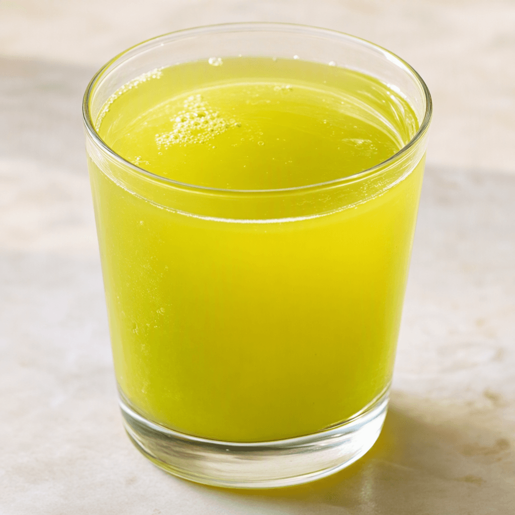 A vivid, translucent yellow-green drink sits in a clear glass, with a smooth surface and a few tiny bubbles.