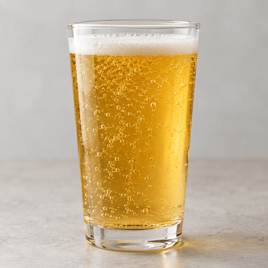 A clear glass holds a translucent pale golden-amber fizzy drink, with fine bubbles rising through the liquid and a thin layer of foam at the surface.
