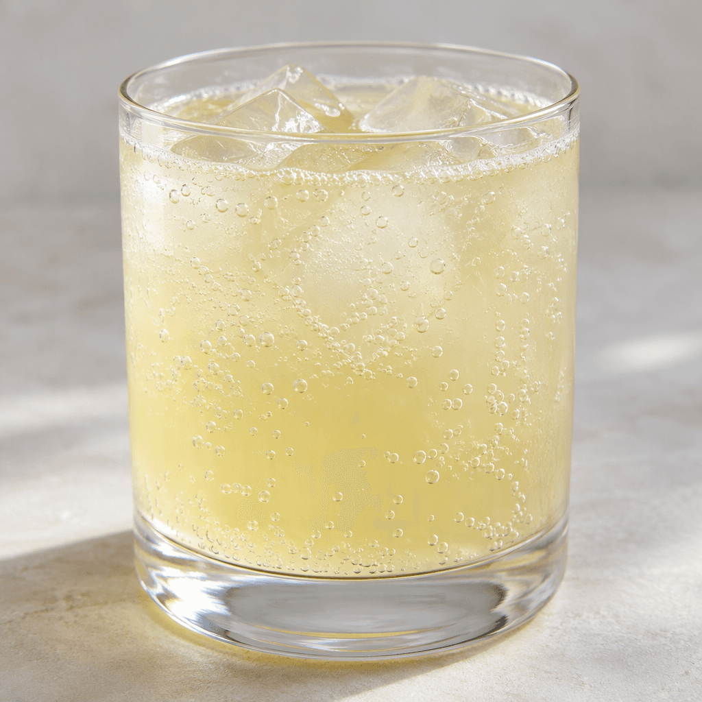 A pale, cloudy yellow fizzy drink sits in a clear glass, with fine bubbles rising through the liquid.