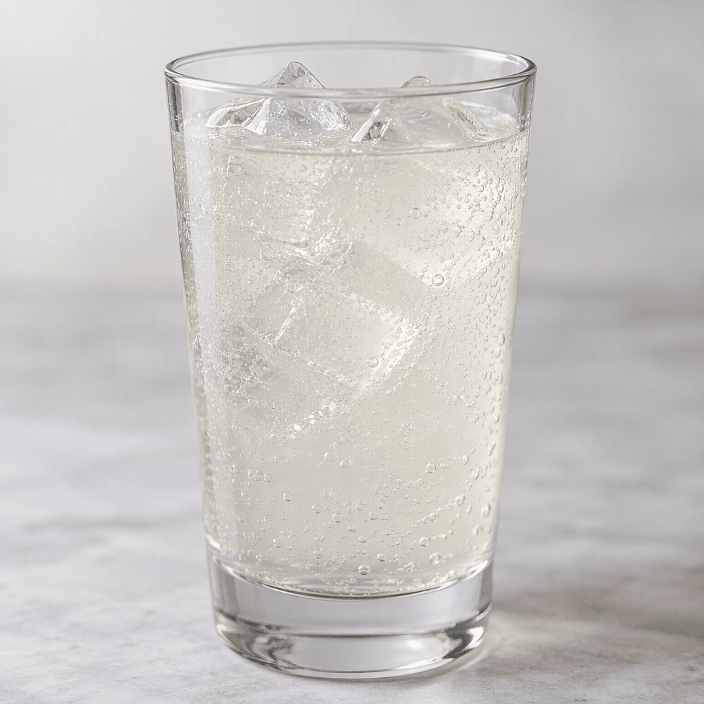 A pale, nearly clear drink with a faint straw tint and fine bubbles sits in a transparent glass.