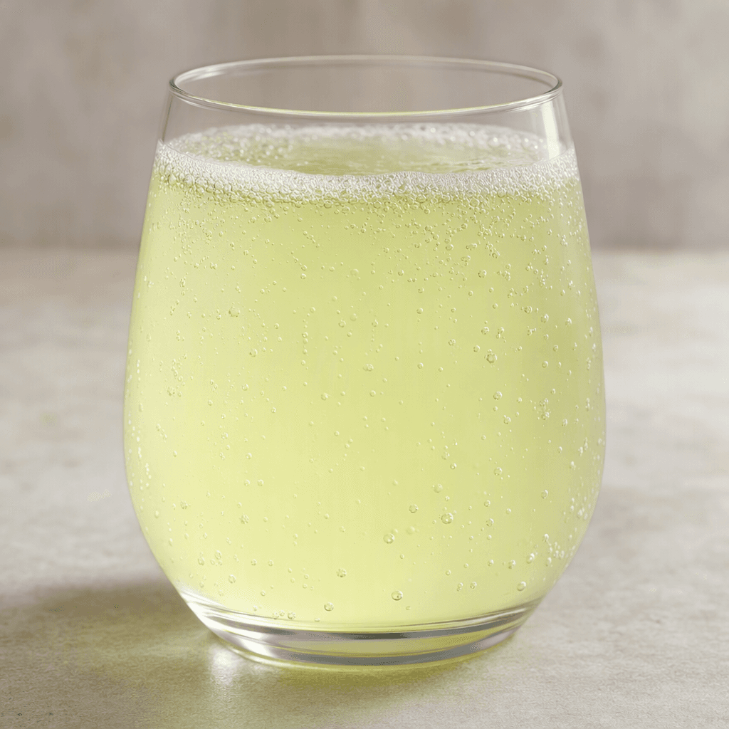 A translucent, pale yellow-green carbonated drink sits in a clear glass, with fine bubbles rising through it and a light foamy fizz at the surface.