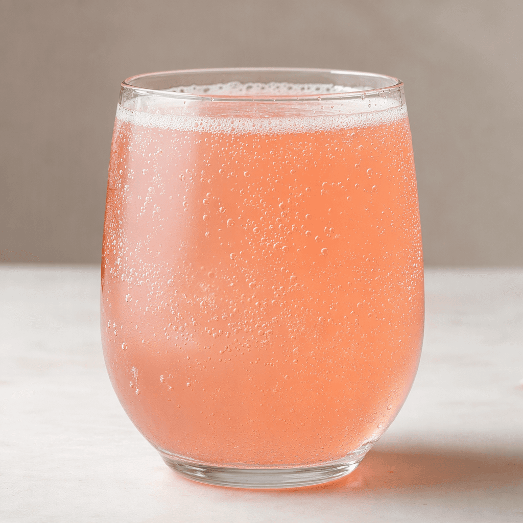 A pale coral-pink, lightly fizzy drink sits in a clear glass, with fine bubbles rising through the liquid and a thin layer of foam at the surface.