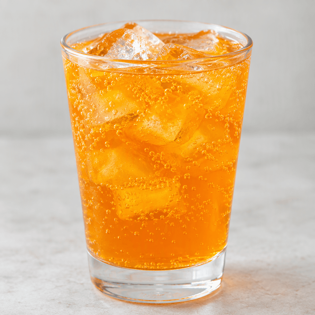 A bright orange, clear, carbonated drink with tiny bubbles, served over ice in a transparent glass.