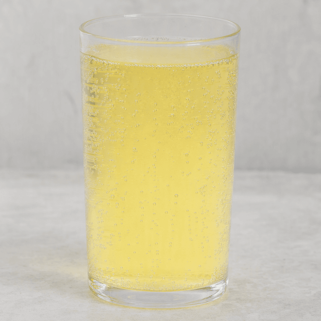 A clear, lightly bubbly pale golden-yellow drink sits in a transparent glass.